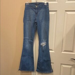 Fashion Nova blue flare wide leg jeans with side slits